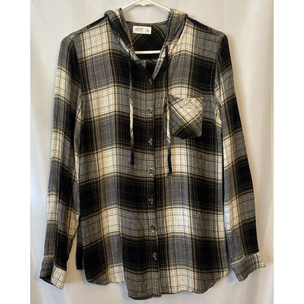 Maurices Women's Plaid Hooded Button Up Tunic Shirt Olive Green Medium Rayon